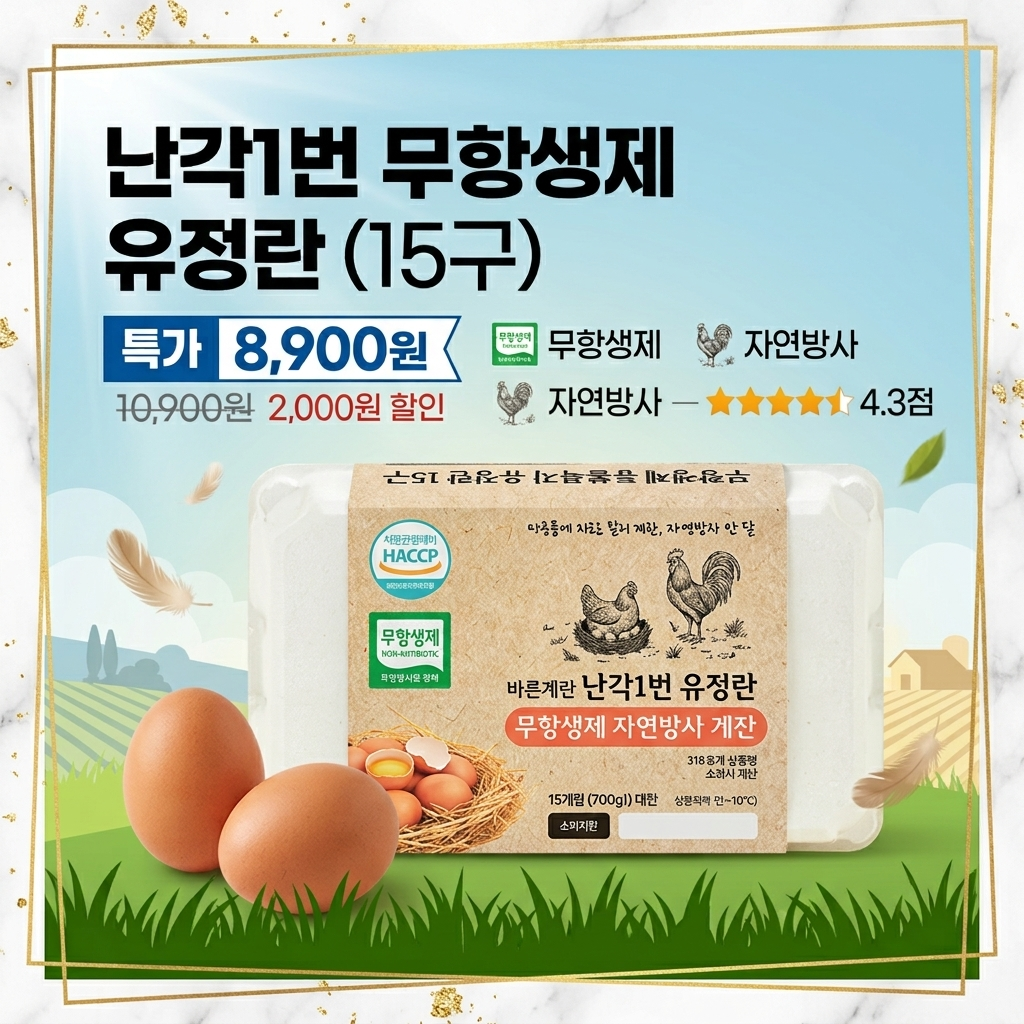무항생제 인증 바른계란 난각1번 유정란 자연방사 계란 대란 15구 제품 이미지