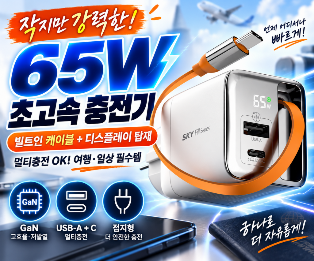 노트북 충전까지 SKY 필 GaN 65W 빌트인 케이블 초고속 충전기 SKY-GaN65DC 제품 이미지