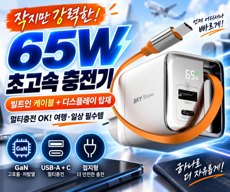 노트북 충전까지 SKY 필 GaN 65W 빌트인 케이블 초고속 충전기 SKY-GaN65DC