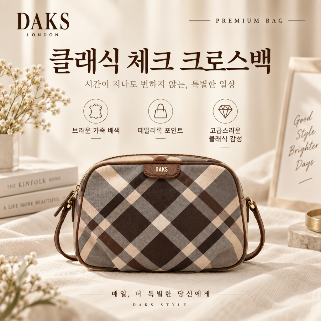 브라운 체크와 가죽 배색이 돋보이는 닥스 브라운 체크 가죽 크로스백 DCBA6FC30W2 제품 이미지
