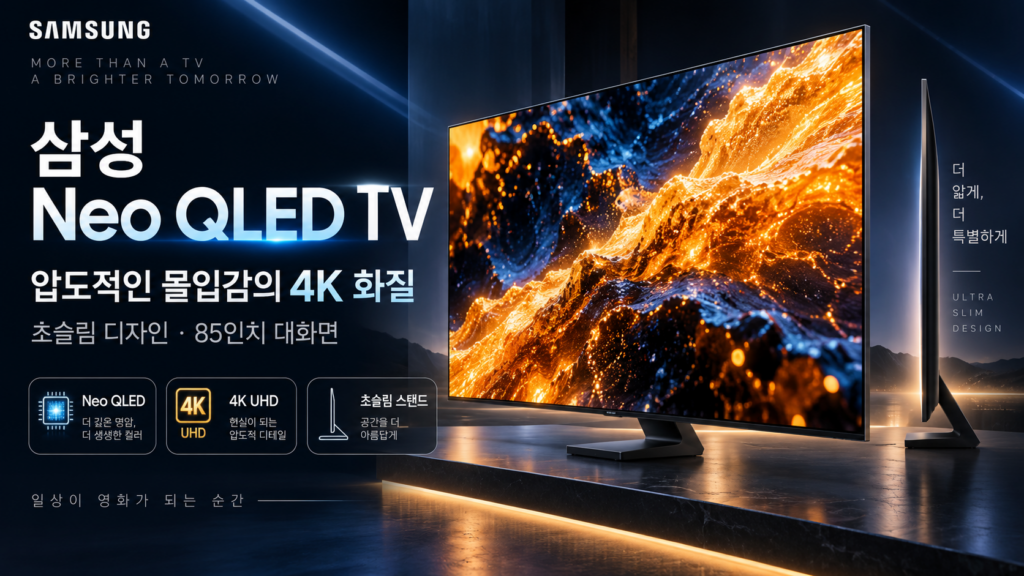 추석특가찬스 ‘270만원’ 삼성 Neo QLED AI 85인치 4K KQ85QNH70AFXKR 답답한 화면과 뭉개지는 화질 고민 줄여주는 스탠드형 대형 TV 제품 이미지