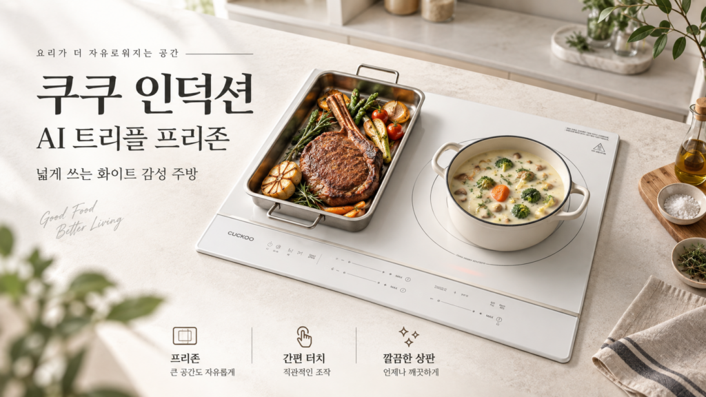 냄비 크기와 위치 제약 줄이고 넓게 쓰는 쿠쿠 AI 트리플 프리존 인덕션 CIR-JS301FW 제품 이미지