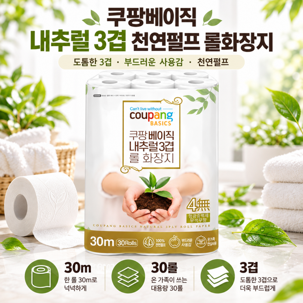도톰한 3겹으로 부드럽게 쓰는 쿠팡베이직 천연펄프 롤화장지 제품 이미지