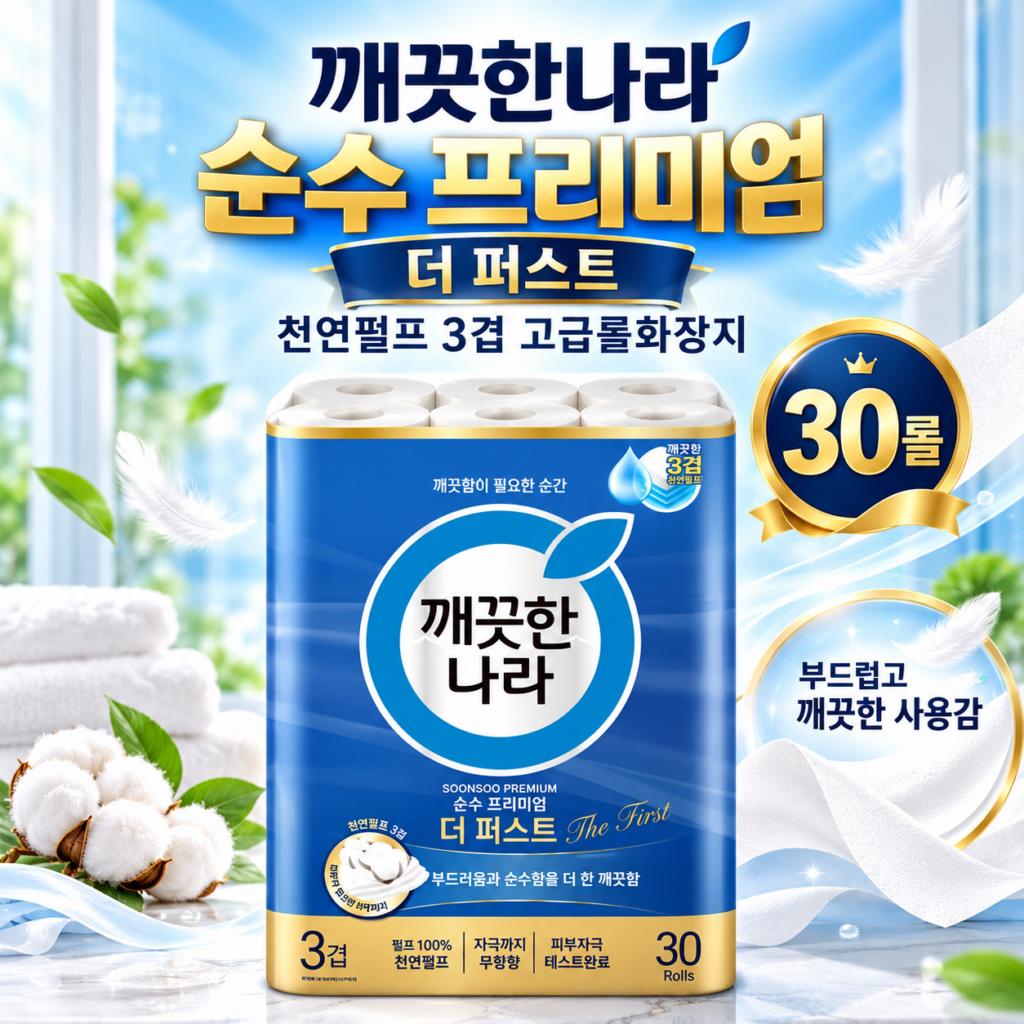 먼지 적고 부드러운 3겹 화장지 깨끗한나라 순수 프리미엄 더 퍼스트 제품 이미지